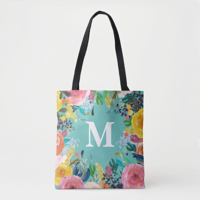 Sac en toile Monogramme personnalisé à la florale  (Devant)
