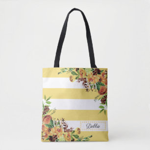 Sac fourre-tout à fleurs jaunes et rayures jolies