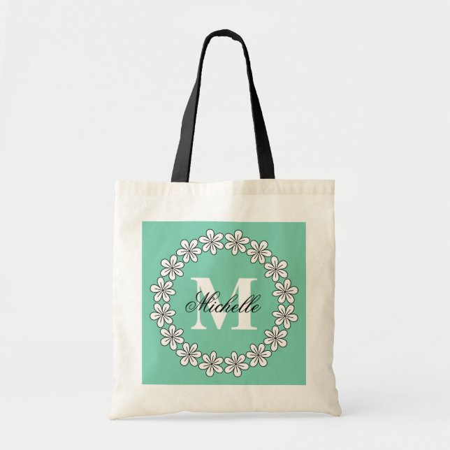 Sac fourre-tout à fleurs vert menthe personnalisé (Devant)