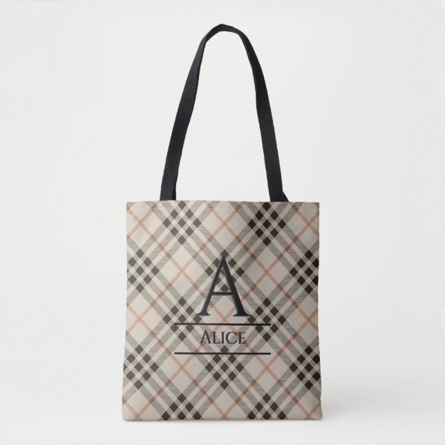 Sac fourre-tout à fond tartan et monogramme (Devant)