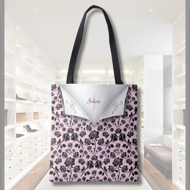 Sac fourre-tout à monogramme à rose élégant rose e (Elegant Pink and Black Rose Monogram Name Tote Bag)