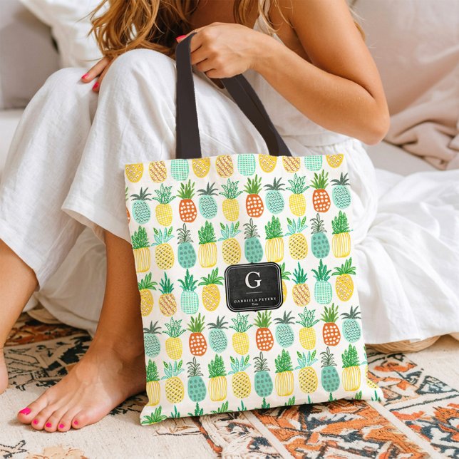 Sac fourre-tout à motif de fruits d'été à monogram (Pineapple Monogram Summer Fruit Pattern Tote bag)