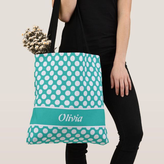 Sac fourre-tout à points bleu turquoise et blanc (De près)
