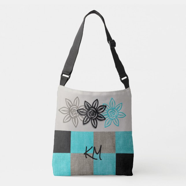 Sac fourre-tout Aqua Noir unique avec Fleurs (Devant)