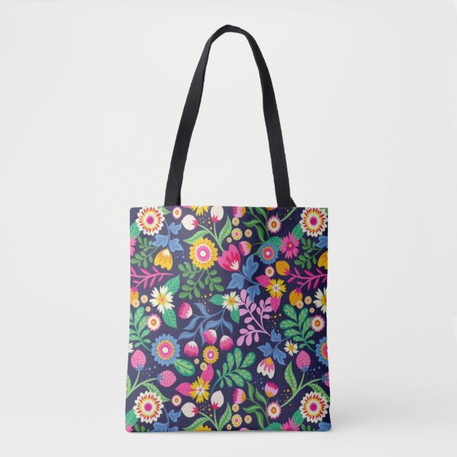 Sac fourre-tout avec motif floral sur fond noir (Devant)