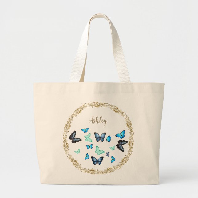 Sac fourre-tout avec papillons bleus et design flo (Devant)