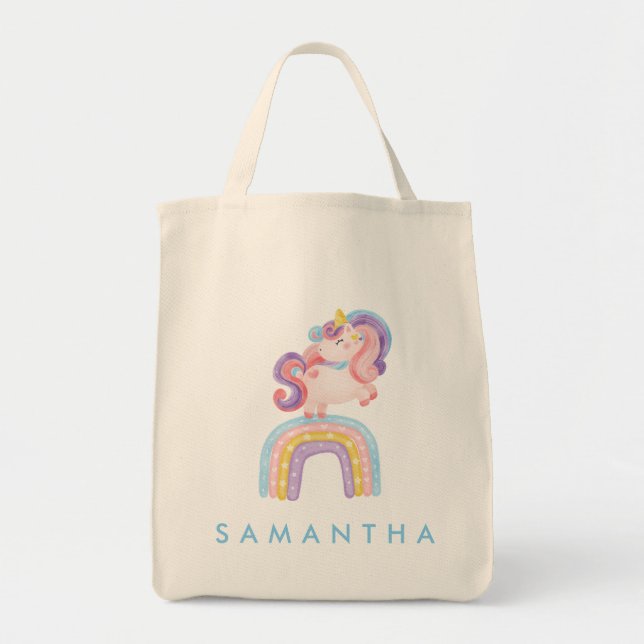 Sac fourre-tout bleu ciel unicorne personnalisé mi (Devant)