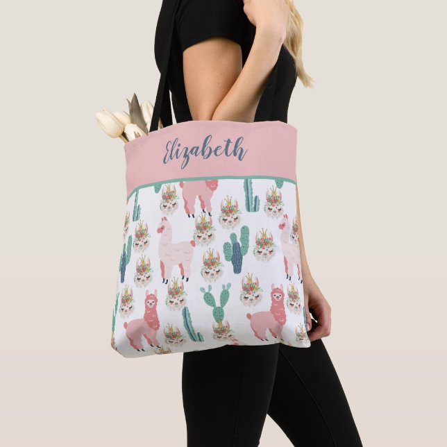 Sac fourre-tout de cactus vert de Llama rose migno (De près)