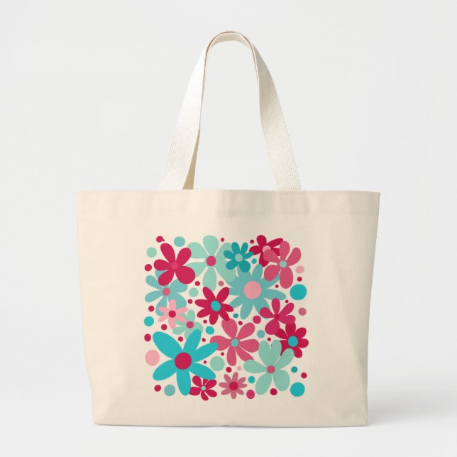 Sac fourre-tout de fleurs funky bleu et rose. (Devant)