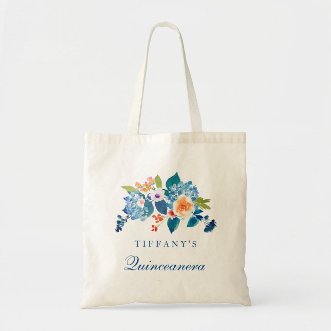 Sac fourre-tout de Quinceanera Floral Bleu et Pêch (Devant)