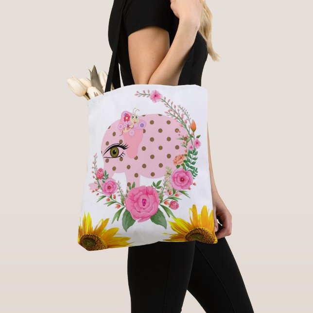 Sac fourre-tout d'éléphant rose floral de tourneso (De près)