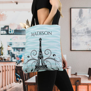 Sac fourre-tout fleuri Tour Eiffel turquoise