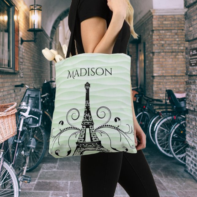 Sac fourre-tout fleuri Tour Eiffel Vert (Green Eiffel Tower Flourish Tote Bag)