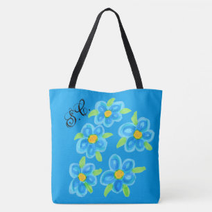 Sac Fourre-tout Floral Bleu Monogrammé