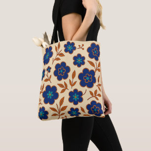 Sac fourre-tout floral bohème beige et bleu