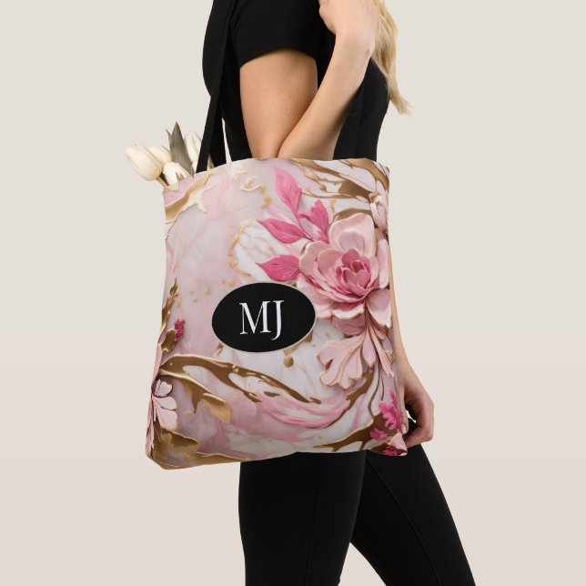 Sac fourre-tout Floral Monogramme rose blanc or (De près)