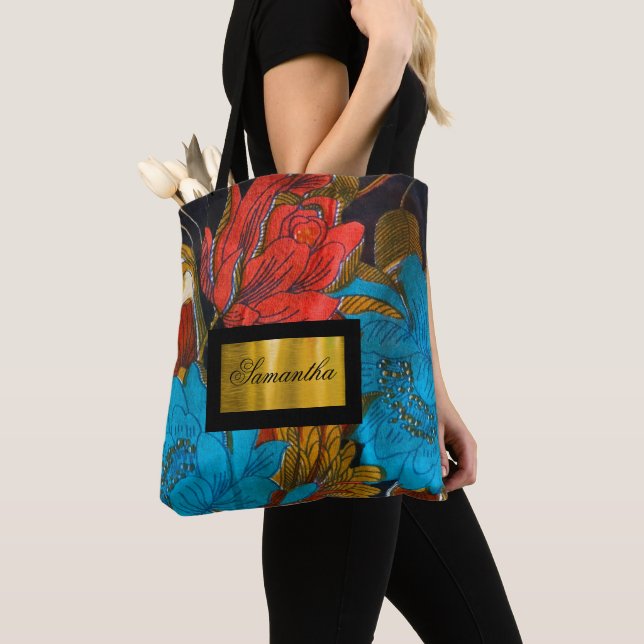 Sac fourre-tout floral noir et rouge personnalisé (De près)