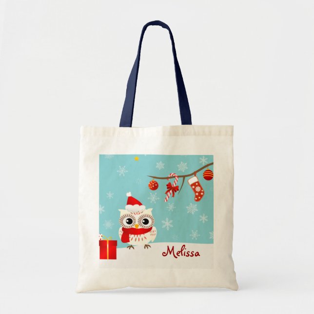Sac fourre-tout heureux à Noël de hibou de neige (Devant)