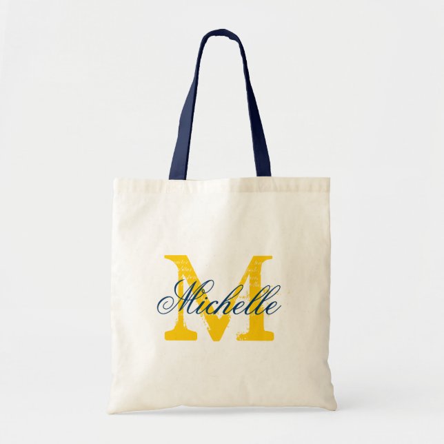Sac fourre-tout mariage bleu marine et jaune monog (Devant)