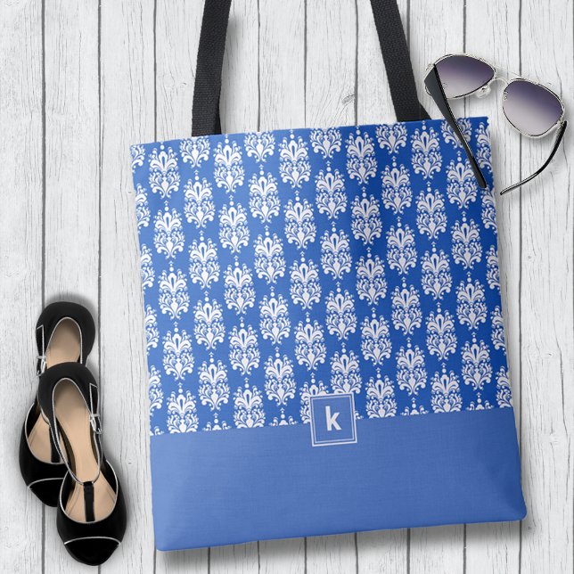 Sac fourre-tout Monogramme de motif de Damas bleu  (Créateur téléchargé)