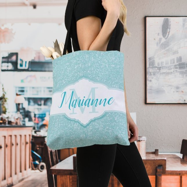 Sac fourre-tout Monogramme Parties scintillant tur (Teal Glitter Monogram Tote Bag)