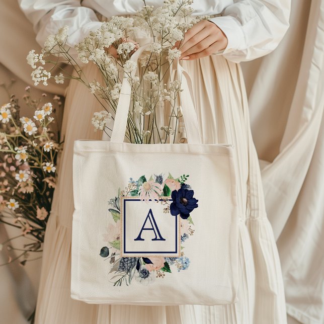 Sac fourre-tout monogramme rose florale bleue (Créateur téléchargé)