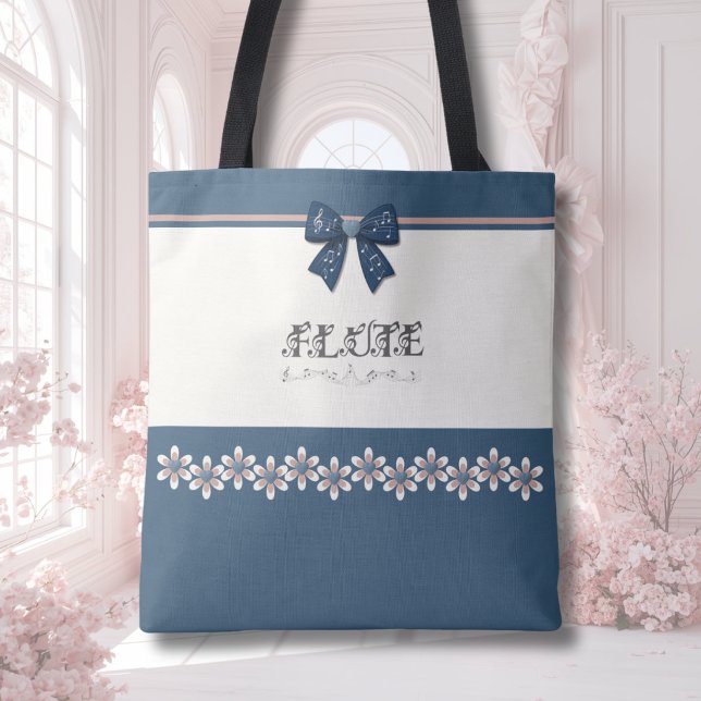 Sac fourre-tout musical en forme de flûte avec un  (Unique blue coquette bow flute music tote bag for teen girls to use for school band concerts.)