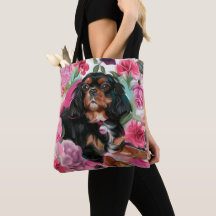 sac fourre-tout noir et tan Cavalier| floral rose