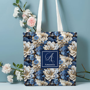 Sac fourre-tout personnalisé à fleurs bleues et bl