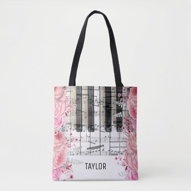 sac fourre-tout piano notes de musique fleurs rose (Devant)