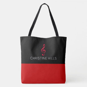 sac fourre-tout rouge / noir avec nom + note music