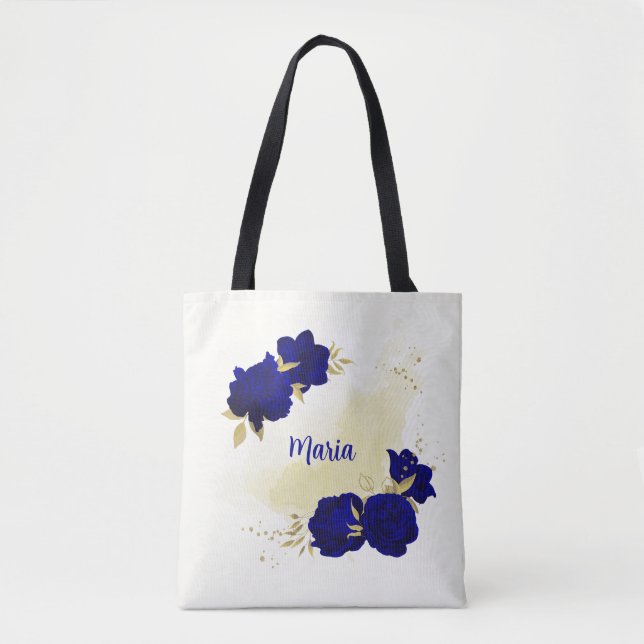 sac fourre-tout royal bleu fleuri or (Devant)