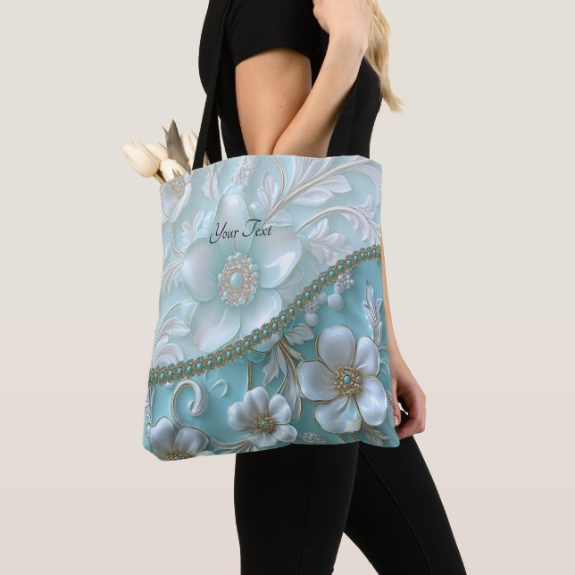 Sac fourre-tout turquoise blanc floral (De près)