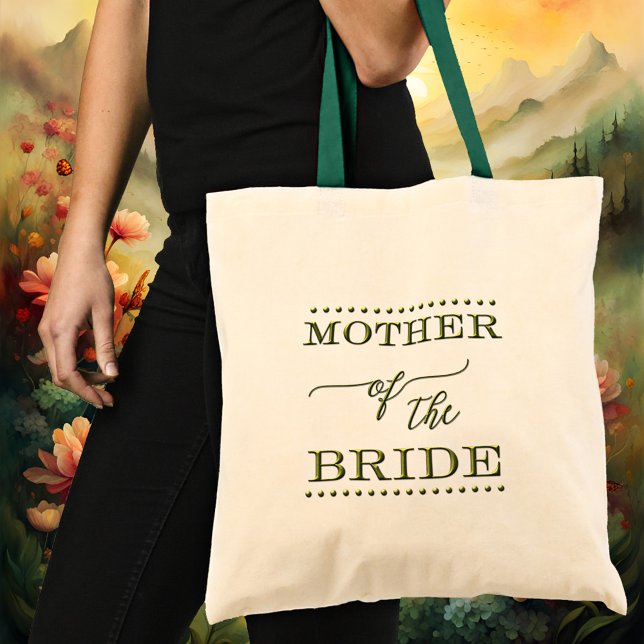 Sac fourre-tout vert avec texte scriptural de la m (An elegant Mother of the Bride tote bag featuring stylized green texts with script)