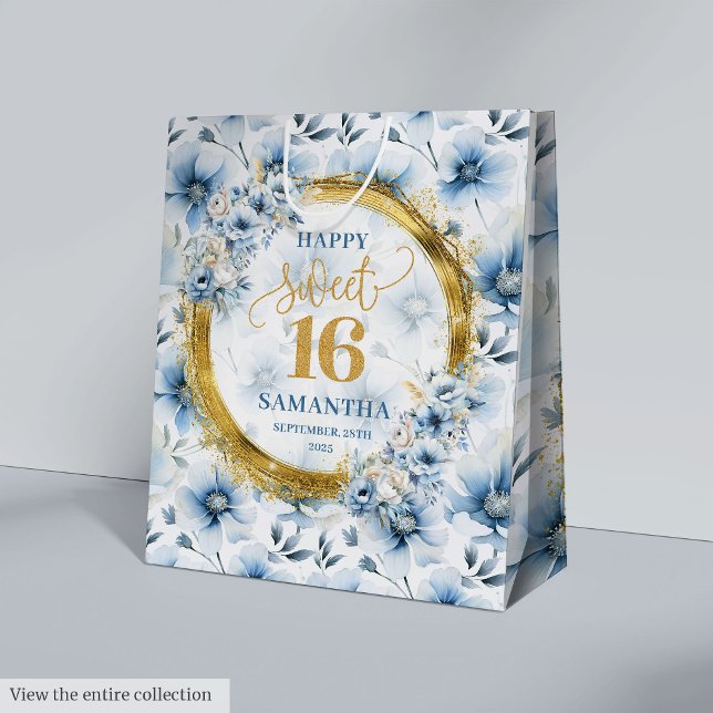 Sac moderne Light Blue Sweet 16 Gold Parties scint (Modern Light Blue Sweet 16 Gold Glitter Party Bag)
