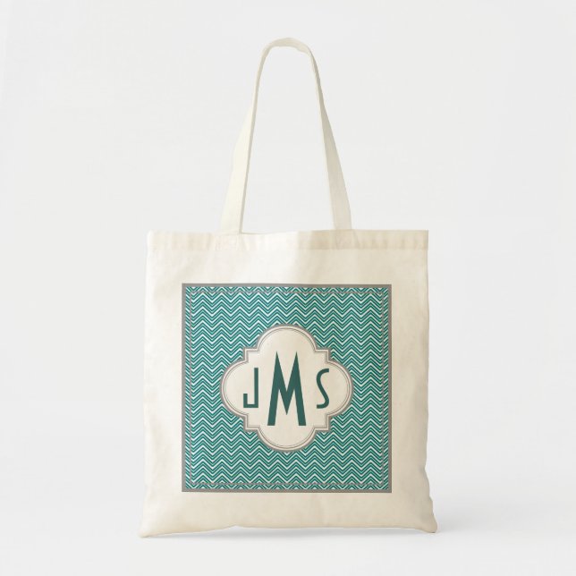 Sac monogramme Aqua et Grey Chevron (Devant)