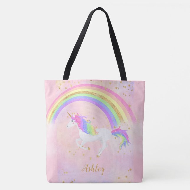 Sac personnalisé Unicorn | Arc-en-ciel rose or (Devant)