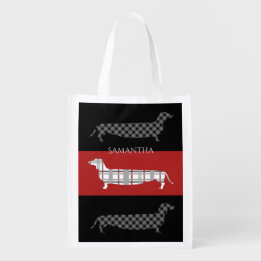 Sac Réutilisable Dachshunds plaid sur rouge et noir