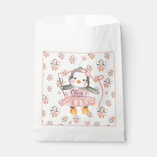 Sachets En Papier 1er anniversaire Ballerina Penguin rose (Devant)