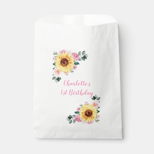 Sachets En Papier 1er Anniversaire tournesol rose Floral Personnalis (Devant)