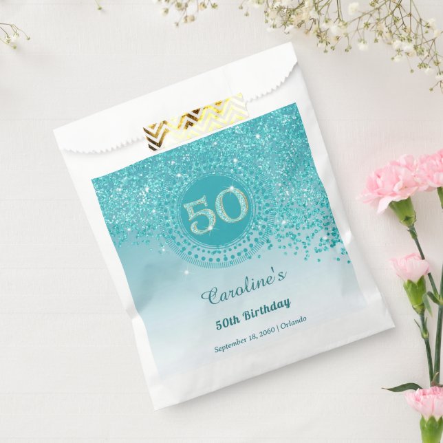 Sachets En Papier 50th Birthday | Sparkling Teal Blue Gold Glitter (Scellé)
