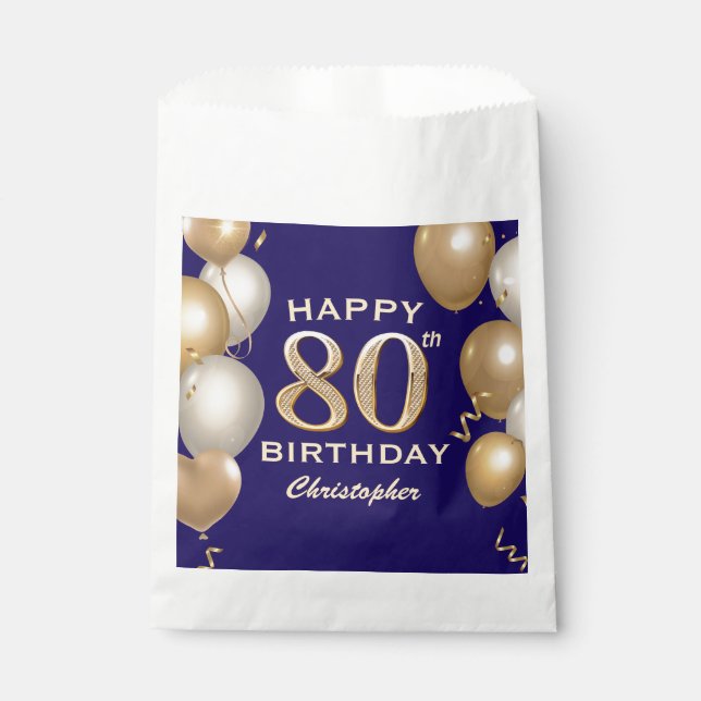 Sachets En Papier 80e Anniversaire Marine Bleu et Ballons d'or (Devant)