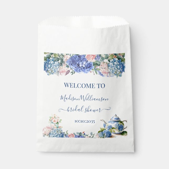 Sachets En Papier Accueil du thé de mariage Hydrangea Bleu (Devant)