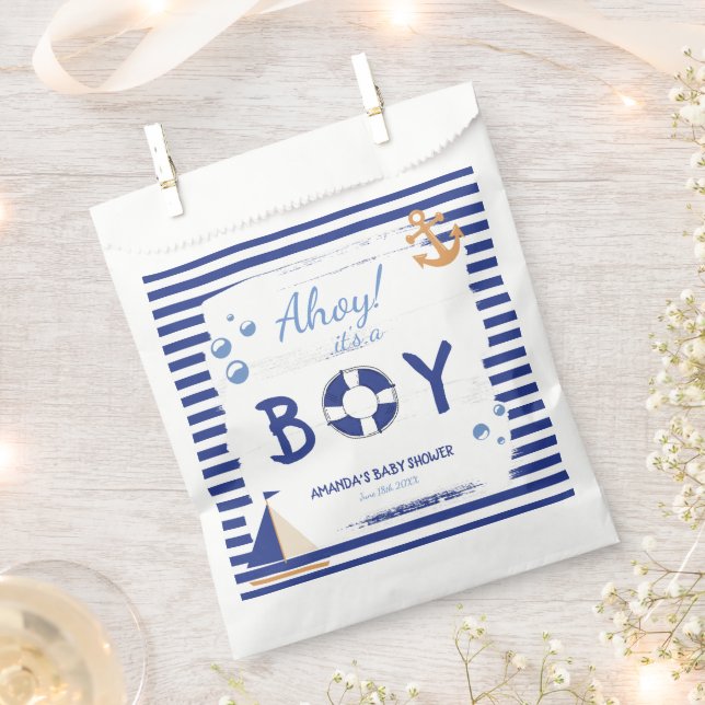 Sachets En Papier Ahoy C'est un garçon ! Baby shower bleu marin (Coupé)