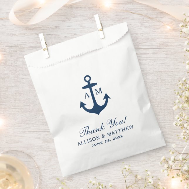 Sachets En Papier Ancre bleu marine Merci Mariage (Coupé)