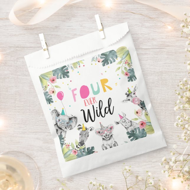 Sachets En Papier Animaux de fête Safari Girl Four Ever Wild Anniver (Coupé)