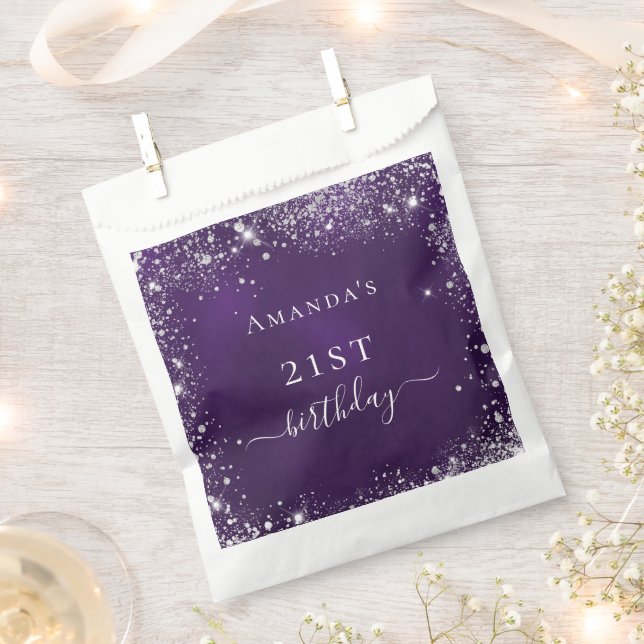 Sachets En Papier Anniversaire violet parties scintillant argent mer (Coupé)