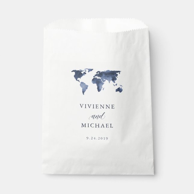 Sachets En Papier Aquarelle bleue | World Map Mariage (Devant)
