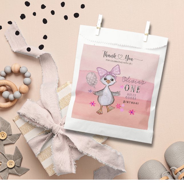Sachets En Papier Aquarelle de la poule rose 1er anniversaire (Silly Goose 1st Birthday Pink Bow Watercolor Favor Bag)