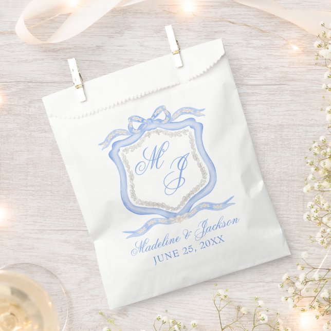 Sachets En Papier Aquarelle Designer Blue Monogram Crest Mariage (Coupé)